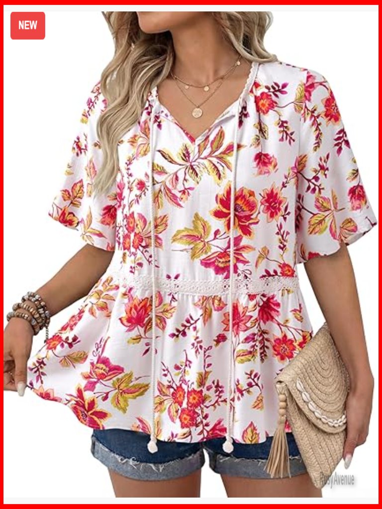 Boho Babydoll Tunic Shirt Short Sleeve V Neck Drawstring Lace Tie Front Blouse